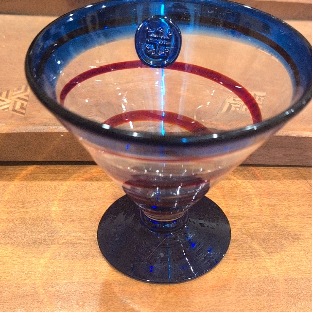 Kosta Boda Hand Blown Royal Caribbean Martini Cocktail Glass Red Swirl Blue 4”